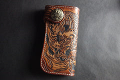 Handmade Skull Tooled Black Leather Mens Long Biker Wallet Biker Chain Wallet For Men - iwalletsmen