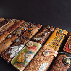 Handmade Skull Tooled Black Leather Mens Long Biker Wallet Biker Chain Wallet For Men - iwalletsmen
