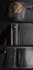 Handmade Skull Tooled Black Leather Mens Long Biker Wallet Biker Chain Wallet For Men - iwalletsmen