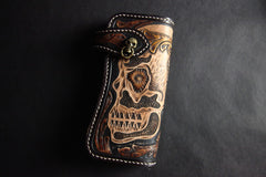 Handmade Skull Tooled Black Leather Mens Long Biker Wallet Biker Chain Wallet For Men - iwalletsmen