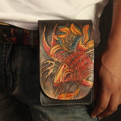 Handmade Tooled Leather Carp Mens Belt Pouch Waist Bag Belt Phone Bag Mobile Bag For Men - iwalletsmen
