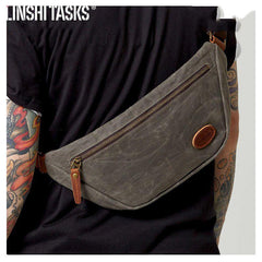 Blue Waxed Canvas Leather Fanny Pack Men's Chest Bag Sling Hip Bag Waist Bag For Men - iwalletsmen