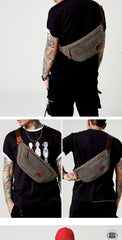 Blue Waxed Canvas Leather Fanny Pack Men's Chest Bag Sling Hip Bag Waist Bag For Men - iwalletsmen