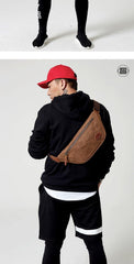 Blue Waxed Canvas Leather Fanny Pack Men's Chest Bag Sling Hip Bag Waist Bag For Men - iwalletsmen