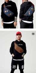 Blue Waxed Canvas Leather Fanny Pack Men's Chest Bag Sling Hip Bag Waist Bag For Men - iwalletsmen