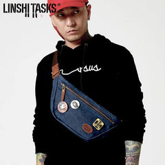 Blue Waxed Canvas Leather Fanny Pack Men's Chest Bag Sling Hip Bag Waist Bag For Men - iwalletsmen
