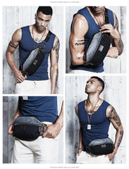 Casual Black Canvas Leather Fanny Pack Men's Chest Bag Hip Bag Waist Bags For Men - iwalletsmen