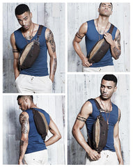 Casual Black Canvas Leather Fanny Pack Men's Chest Bag Hip Bag Waist Bags For Men - iwalletsmen