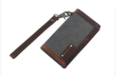 Casual Gray Canvas Leather Men's Long Wallet Bifold Cards Wallet Long Wallet For Men - iwalletsmen