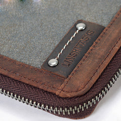 Casual Black Canvas Leather Men's Long Wallet Bifold Around Zip Wallets Clutch Purse For Men - iwalletsmen