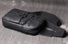 Black Leather Sling Backpack Sling Bag Chest Bag One shoulder Backpack Black Sling Pack For Men - iwalletsmen