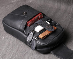 Black Leather Sling Backpack Sling Bag Chest Bag One shoulder Backpack Black Sling Pack For Men - iwalletsmen