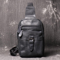 Black Leather Sling Backpack Sling Bag Chest Bag One shoulder Backpack Black Sling Pack For Men - iwalletsmen