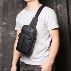 Black Leather Sling Backpack Sling Bag Chest Bag One shoulder Backpack Black Sling Pack For Men - iwalletsmen