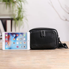 Casual Black Leather MENS Small Side Bags Black Messenger Bag Leather Courier Bag For Men - iwalletsmen