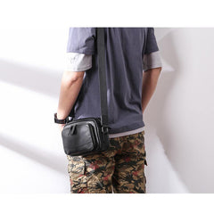 Casual Black Leather MENS Small Side Bags Black Messenger Bag Leather Courier Bag For Men - iwalletsmen