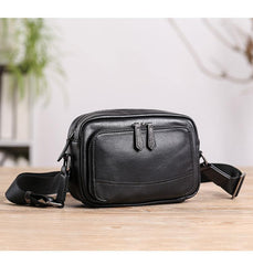 Casual Black Leather MENS Small Side Bags Black Messenger Bag Leather Courier Bag For Men - iwalletsmen