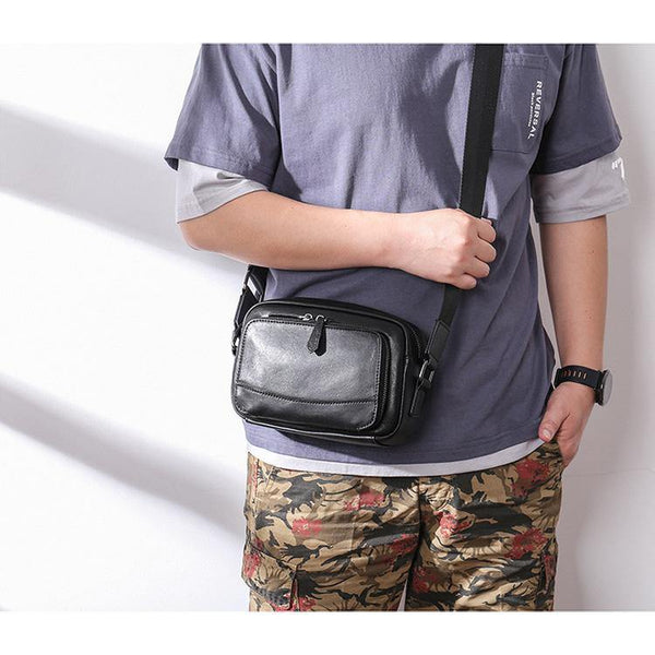 Casual Black Leather MENS Small Side Bags Black Messenger Bag Leather Courier Bag For Men - iwalletsmen