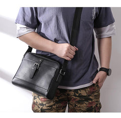 Casual Black Leather MENS Small Side Bag Black Messenger Bag Leather Courier Bag For Men - iwalletsmen
