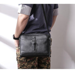 Casual Black Leather MENS Small Side Bag Black Messenger Bag Leather Courier Bag For Men - iwalletsmen