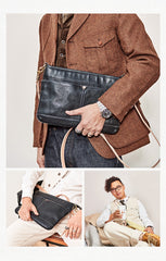Casual Black Leather Mens 10'' Messenger Bag Brown Courier Bag Side Postman Bag For Men - iwalletsmen