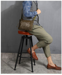 Casual Green Leather Mens Small Side Bag Messenger Bag Brown Post Bag Courier Bags for Men - iwalletsmen