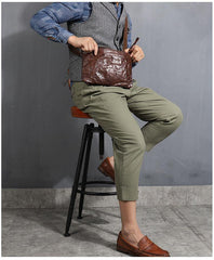 Casual Green Leather Mens Small Side Bag Messenger Bag Brown Post Bag Courier Bags for Men - iwalletsmen