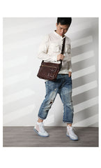 Casual Black Leather Mens Cool Side Bags Messenger Bag Brown Postman Courier Bags for Men - iwalletsmen