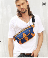 Casual Blue Nylon Leather Fanny Pack Men's Chest Bag Hip Bag Waist Bag For Men - iwalletsmen
