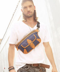Casual Blue Nylon Leather Fanny Pack Men's Chest Bag Hip Bag Waist Bag For Men - iwalletsmen