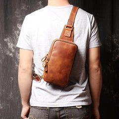 Best Brown Leather Men's Sling Bag Chest Bag Brown One shoulder Backpack Sling Pack For Men - iwalletsmen