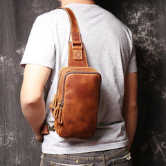 Best Brown Leather Men's Sling Bag Chest Bag Brown One shoulder Backpack Sling Pack For Men - iwalletsmen