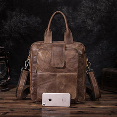 Brown Leather Mens Vertical Briefcase Work Bag Handbag Vertical 10 inches Shoulder Bags Business Bags For Men - iwalletsmen