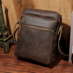 Casual Dark Coffee Leather Messenger Bag Men's 8 inches Side Bag Vertical Phone Bag Courier Bag For Men - iwalletsmen
