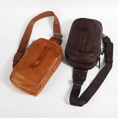 Casual Tan Leather Mens Chest Bag Sling Bag Coffee Crossbody Pack One Shoulder Backpack for Men - iwalletsmen