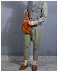 Casual Tan Leather Mens Chest Bag Sling Bag Coffee Crossbody Pack One Shoulder Backpack for Men - iwalletsmen