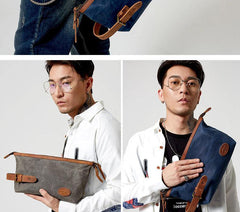 Waxed Canvas Leather Men's Clutch Purse Navy Blue Casual Clutch Bag Hand Bag For Men - iwalletsmen
