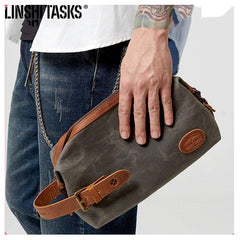 Waxed Canvas Leather Men's Clutch Purse Navy Blue Casual Clutch Bag Hand Bag For Men - iwalletsmen