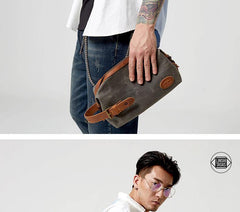 Waxed Canvas Leather Men's Clutch Purse Navy Blue Casual Clutch Bag Hand Bag For Men - iwalletsmen