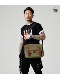Black Canvas Leather Mens Side Bag Messenger Bags Army Green Canvas Courier Bag for Men - iwalletsmen
