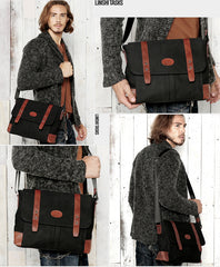 Casual Canvas Leather Mens Khaki Side Bag Messenger Bag Black Canvas Courier Bag for Men - iwalletsmen