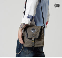 Vertical Waxed Canvas Leather Mens Gray Side Bag Messenger Bags Blue Waxed Canvas Courier Bag for Men - iwalletsmen