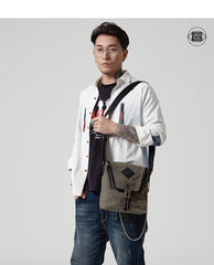 Vertical Waxed Canvas Leather Mens Gray Side Bag Messenger Bags Blue Waxed Canvas Courier Bag for Men - iwalletsmen