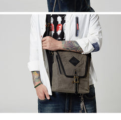 Vertical Waxed Canvas Leather Mens Gray Side Bag Messenger Bags Blue Waxed Canvas Courier Bag for Men - iwalletsmen