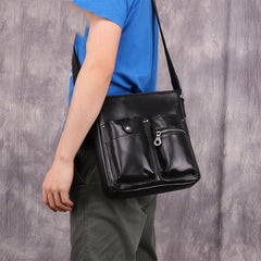 Casual Black LEATHER MENS 8 inches Vertical Messenger bag Black SIDE BAG Shoulder Bag Courier BAG FOR MEN - iwalletsmen