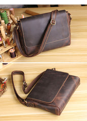 Cool Black Leather Mens 10 inches Courier Bags Coffee Brown Messenger Bags Postman Bag For Men - iwalletsmen