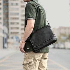 Cool Black Leather Mens 10 inches Courier Bags Coffee Brown Messenger Bags Postman Bag For Men - iwalletsmen