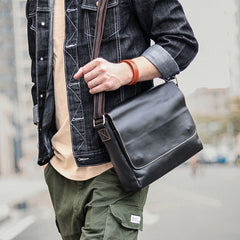 Cool Black Leather Mens 10 inches Courier Bags Coffee Brown Messenger Bags Postman Bag For Men - iwalletsmen