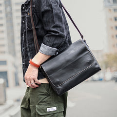 Cool Black Leather Mens 10 inches Courier Bags Coffee Brown Messenger Bags Postman Bag For Men - iwalletsmen
