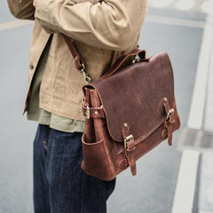 Vintage Dark Brown Leather Mens 14 inches Briefcase Black Work Briefcase Handbag For Men - iwalletsmen